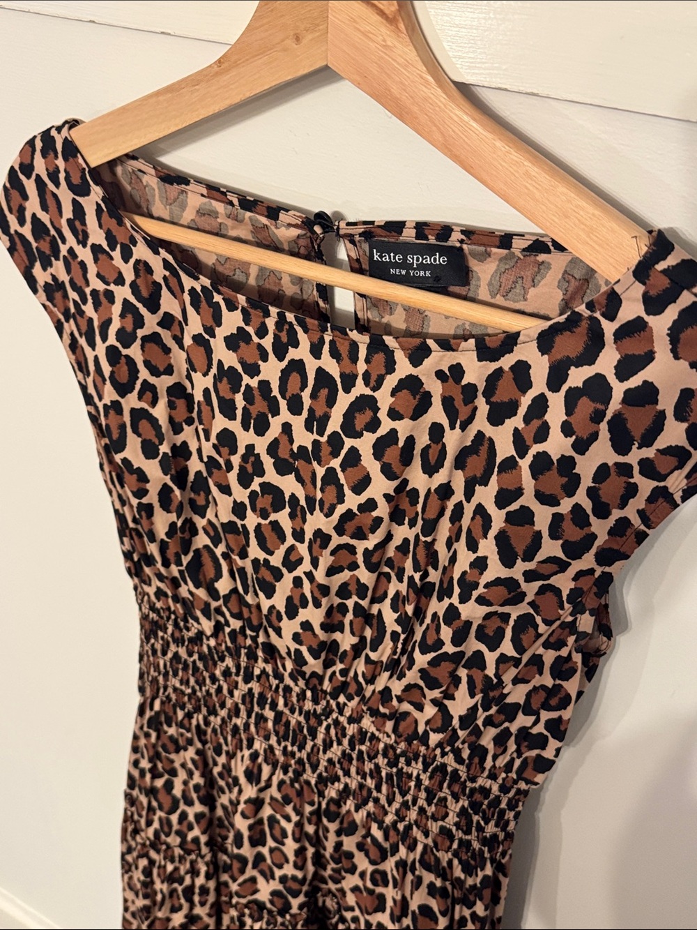 Kate Spade Spotted Leopard Blaire Midi Dress Smocked Waist Tiered Cotton Size M - Picture 6 of 9